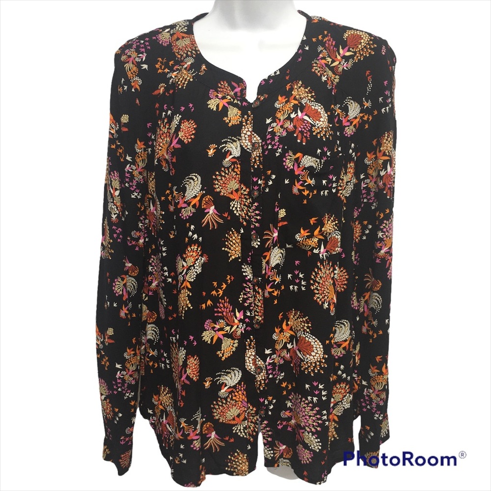 Anthropologie Conversations Black Bird Print Blouse Misses size 10